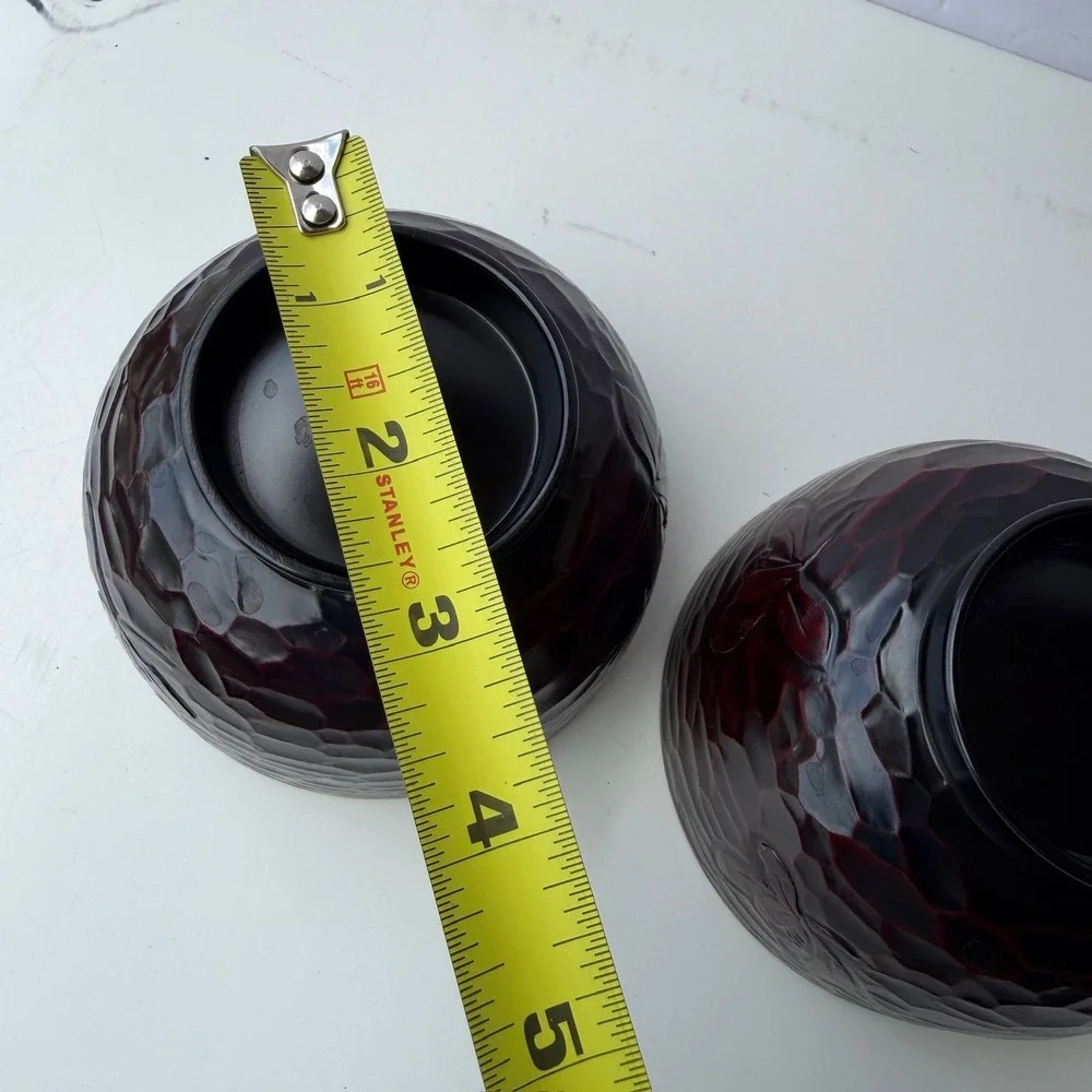 Set of 2 Japanese Lacquerware Soup Bowls Hammered Texture Floral Design B-9